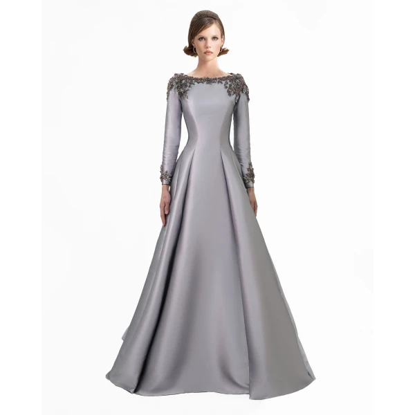 Gemy Maalouf Beaded Mikado Dress with Long Sleeves, view 2