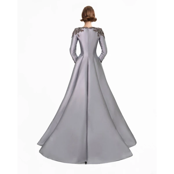Gemy Maalouf Beaded Mikado Dress with Long Sleeves, view 3