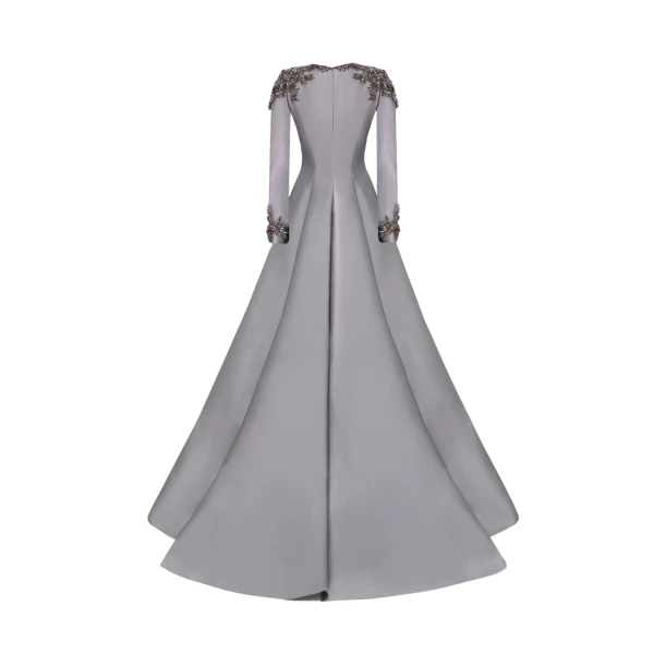 Gemy Maalouf Beaded Mikado Dress with Long Sleeves, view 5
