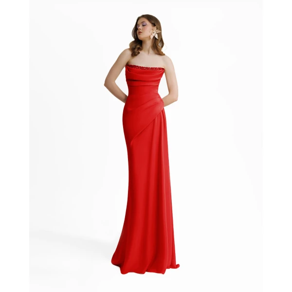 Gemy Maalouf Beaded Red Strapless Dress, view 2