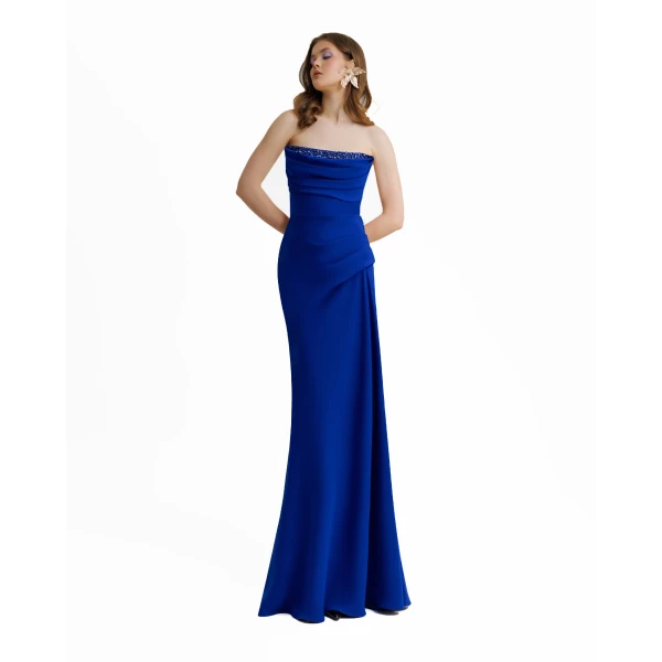 Gemy Maalouf Beaded Royal Blue Strapless Dress, view 2