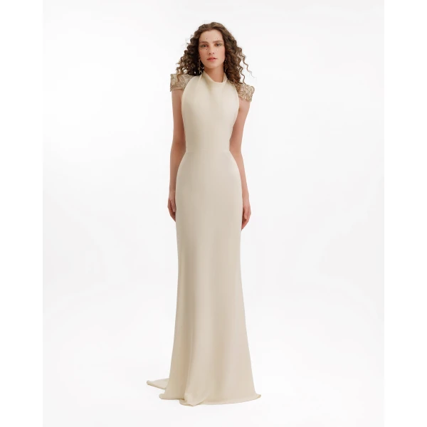 Gemy Maalouf Beaded Shoulder High-Neck Dress, view 2