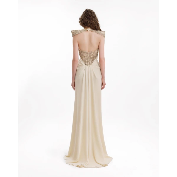 Gemy Maalouf Beaded Shoulder High-Neck Dress, view 3