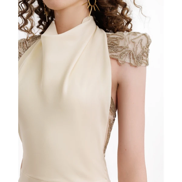 Gemy Maalouf Beaded Shoulder High-Neck Dress, view 4
