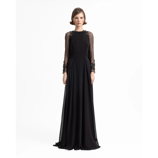 Gemy Maalouf Beaded Sleeve Dress with Back Cape, view 2