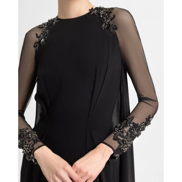 Gemy Maalouf Beaded Sleeve Dress with Back Cape, view 4