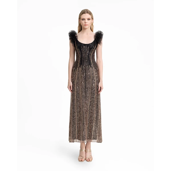 Gemy Maalouf Beaded Tulle Dress with Ruffled Shoulders, view 2