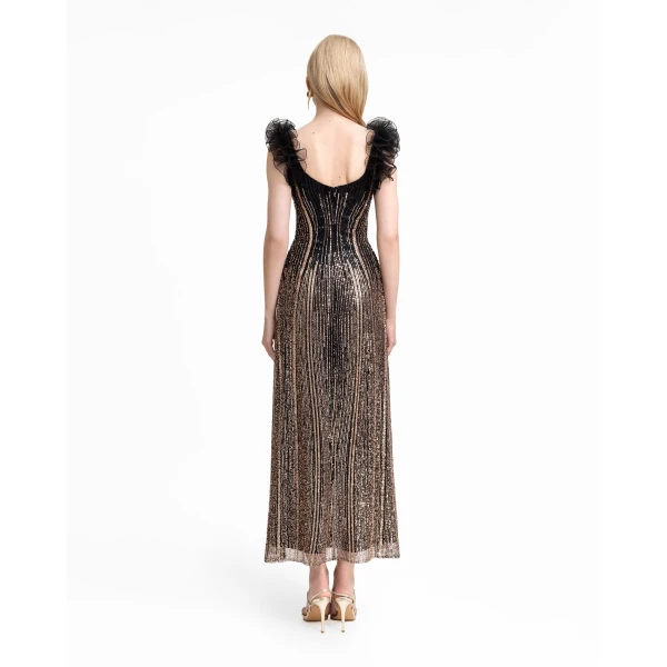 Gemy Maalouf Beaded Tulle Dress with Ruffled Shoulders, view 3