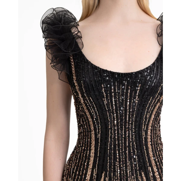 Gemy Maalouf Beaded Tulle Dress with Ruffled Shoulders, view 4