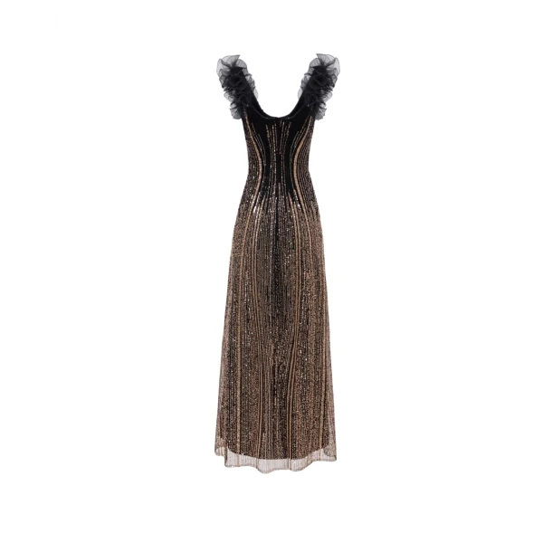 Gemy Maalouf Beaded Tulle Dress with Ruffled Shoulders, view 5