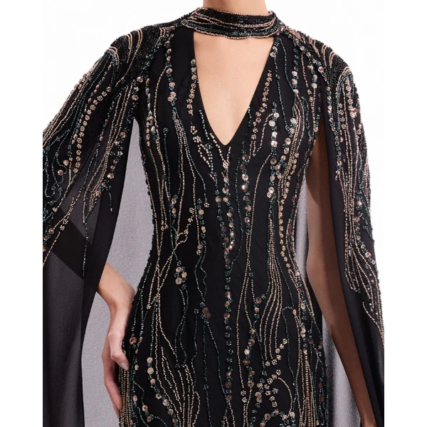 Gemy Maalouf Beaded V-Neck Cape Dress, view 6