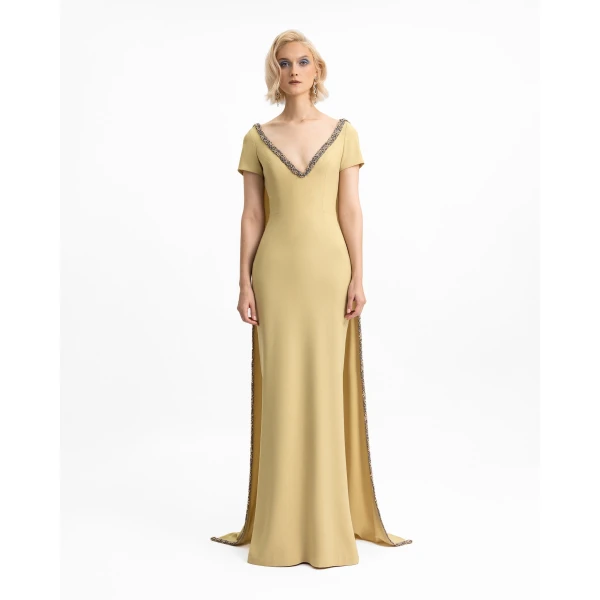 Gemy Maalouf Beaded V-Neckline Dress with Cape, view 2