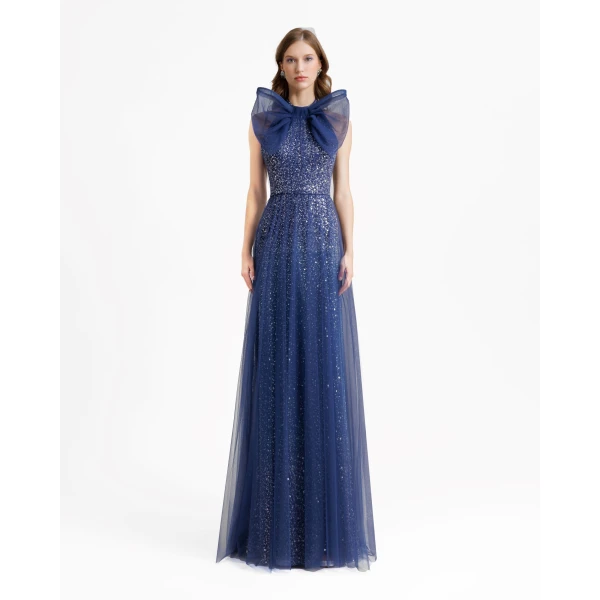 Gemy Maalouf Bow Halter-Neckline Navy Blue Dress, view 2