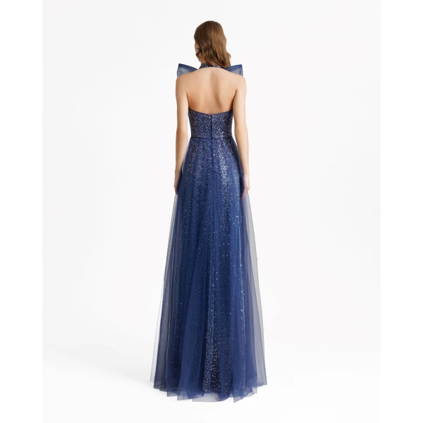Gemy Maalouf Bow Halter-Neckline Navy Blue Dress, view 3
