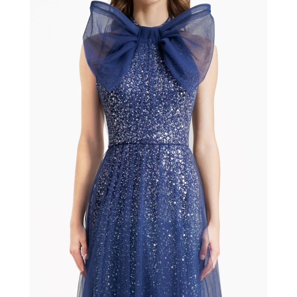 Gemy Maalouf Bow Halter-Neckline Navy Blue Dress, view 4