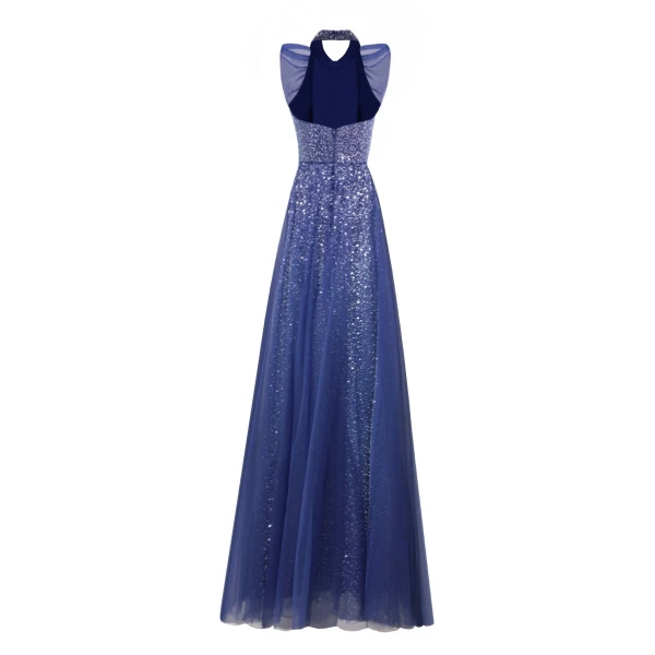 Gemy Maalouf Bow Halter-Neckline Navy Blue Dress, view 5