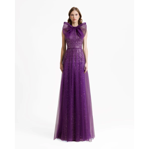 Gemy Maalouf Bow Halter-Neckline Purple Dress, view 2