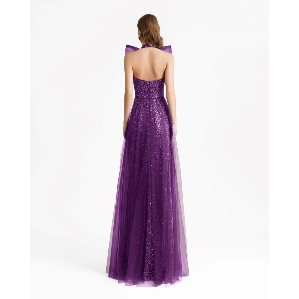 Gemy Maalouf Bow Halter-Neckline Purple Dress, view 3