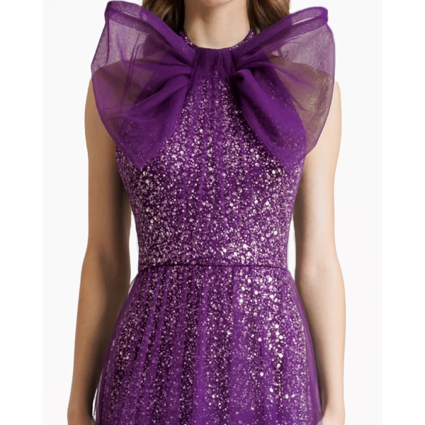 Gemy Maalouf Bow Halter-Neckline Purple Dress, view 4