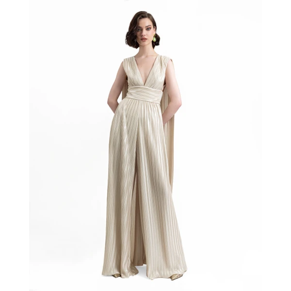 Gemy Maalouf Deep V-Neckline Champagne Jumpsuit, view 2