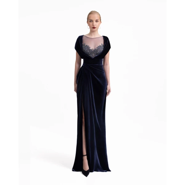Gemy Maalouf Draped Dress with Beaded Neckline, view 2