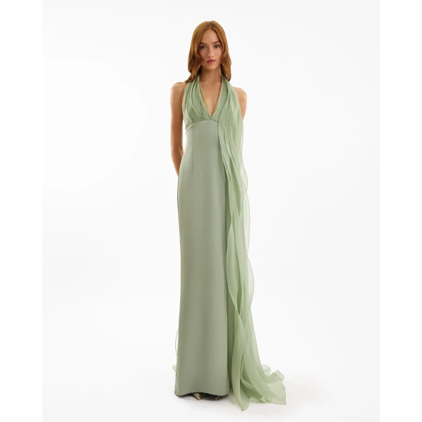 Gemy Maalouf Draped Halter Dress with Organza Panels, view 2