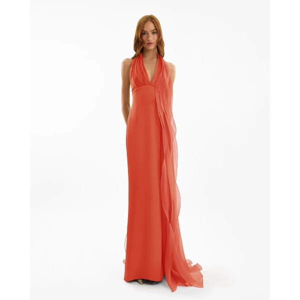 Gemy Maalouf Draped Halter Dress with Organza Panels, view 2