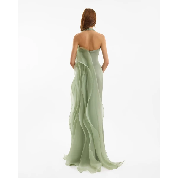 Gemy Maalouf Draped Halter Dress with Organza Panels, view 3