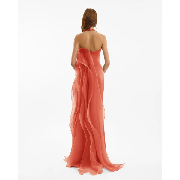 Gemy Maalouf Draped Halter Dress with Organza Panels, view 3