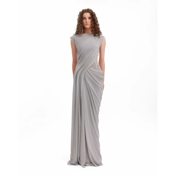 Gemy Maalouf Draped High-Neck Beaded Dress, view 2