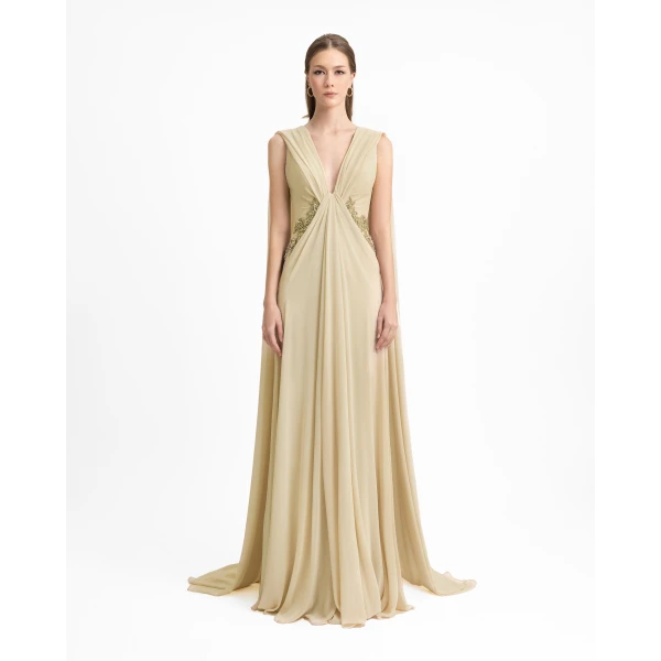 Gemy Maalouf Draped V-Neck Beaded Dress, view 2