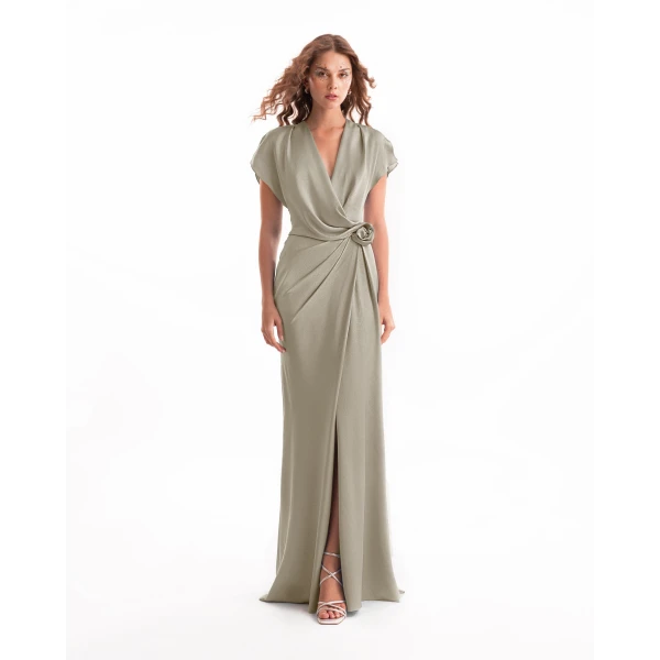 Gemy Maalouf Draped V-Neck Dress with Flower Detail, view 2