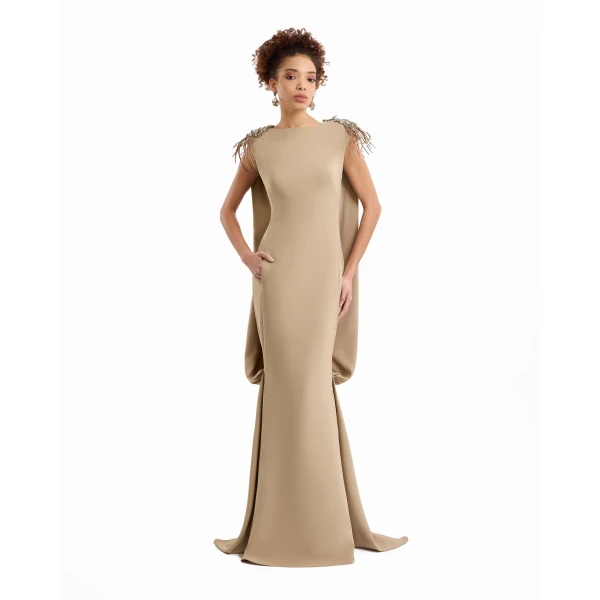 Gemy Maalouf Feather Beaded Crepe Dress, view 2