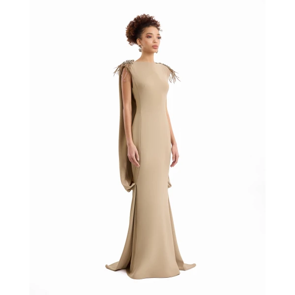 Gemy Maalouf Feather Beaded Crepe Dress, view 3