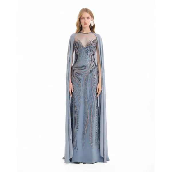 Gemy Maalouf Fitted Beaded Dress with Sheer Neckline, view 2