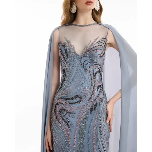Gemy Maalouf Fitted Beaded Dress with Sheer Neckline, view 4