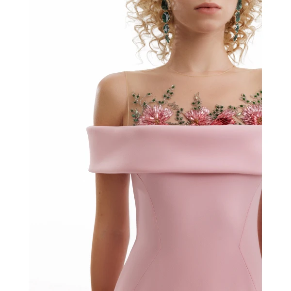 Gemy Maalouf Floral Beaded Off-Shoulder Dress, view 4