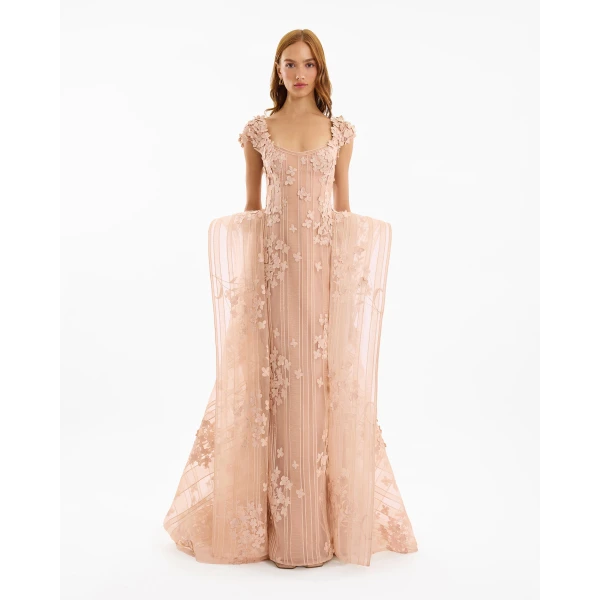 Gemy Maalouf Floral Embroidered Dress with Cap Sleeves, view 2