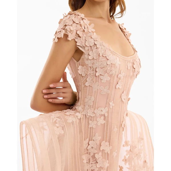 Gemy Maalouf Floral Embroidered Dress with Cap Sleeves, view 4