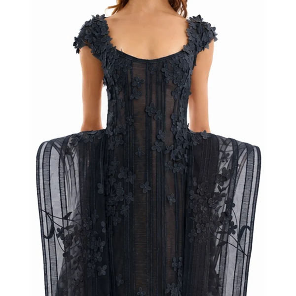 Gemy Maalouf Floral Embroidered Dress with Cap Sleeves, view 4