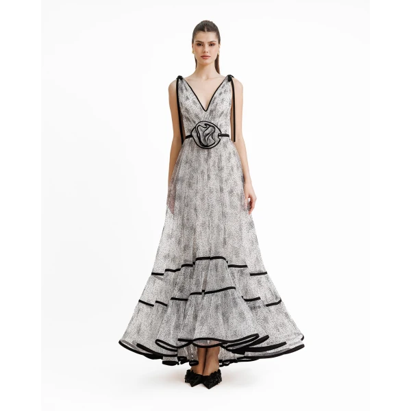Gemy Maalouf Flower At The Waist V-Neckline Dress, view 2