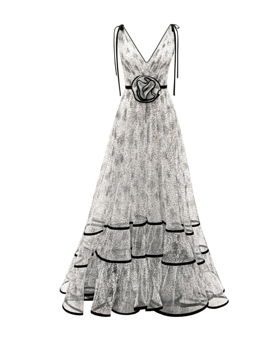 Gemy Maalouf Flower At The Waist V-Neckline Dress Gemy Maalouf Flower At The Waist V-Neckline Dress