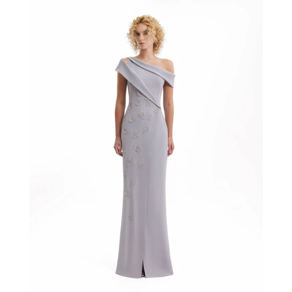 Gemy Maalouf Folded Neck Asymmetrical Beaded Gown, view 2