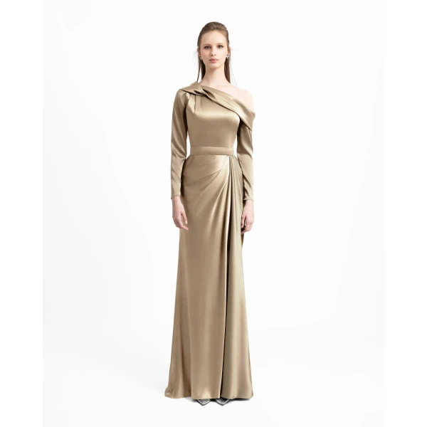 Gemy Maalouf Gold Asymmetrical Draped Neckline Dress, view 2