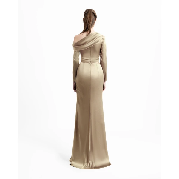 Gemy Maalouf Gold Asymmetrical Draped Neckline Dress, view 3