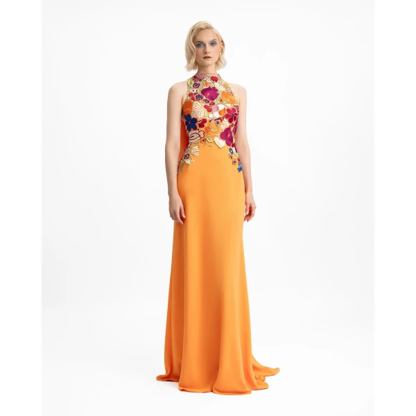 Gemy Maalouf Halter Neckline Dress with Floral Corset, view 2