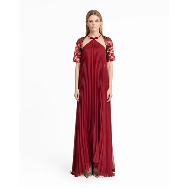 Gemy Maalouf Halter Plissé Dress with Bow and Bolero Sleeves, view 2