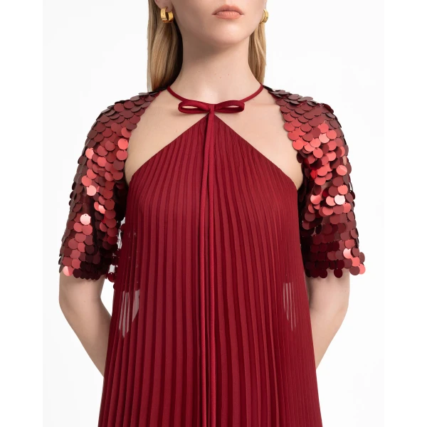 Gemy Maalouf Halter Plissé Dress with Bow and Bolero Sleeves, view 4