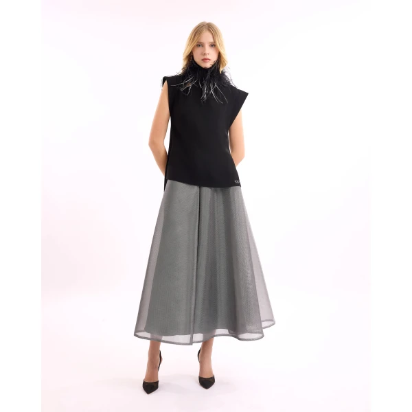 Gemy Maalouf High-Neck Feather Top with Metallic Skirt, view 2