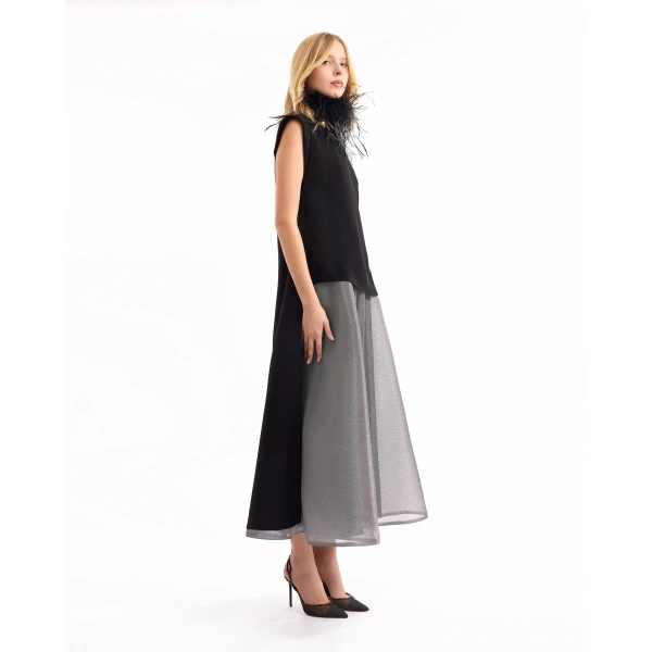 Gemy Maalouf High-Neck Feather Top with Metallic Skirt, view 3